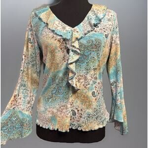 VTG 90s Y2K Blouse Large Womens Top RUNS SMALL Fairy Grunge Ruffle Neck Coquette